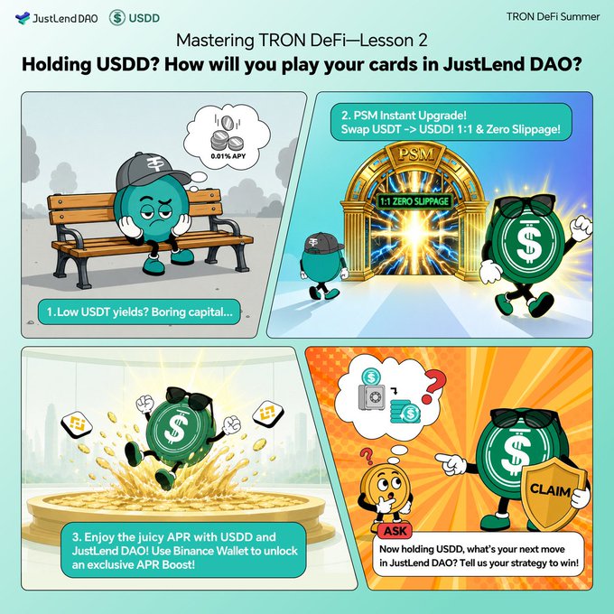 The image is a four-panel infographic titled "Mastering TRON DeFi—Lesson 2: Holding USDD? How will you play your cards in JustLend DAO?" featuring JustLend DAO and USDD branding, illustrating strategies like swapping USDT to USDD via a "PSM Instant Upgrade! 1:1 & Zero Slippage" portal and earning an APR Boost through Binance Wallet. The accompanying caption explains that the panels visually support the post's thesis about USDD serving as a versatile DeFi tool within the TRON ecosystem that helps capital work harder without added complexity.