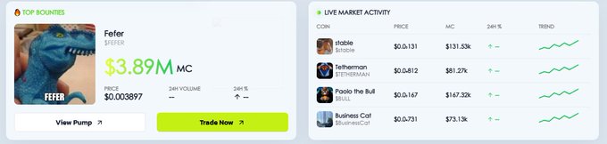 Trading dashboard showing 'TOP BOUNTIES' for Fefer at $3.89M MC and a 'LIVE MARKET ACTIVITY' panel listing meme coins like Stobie, Tetherman, Paolo the Bull, and Business Cat.