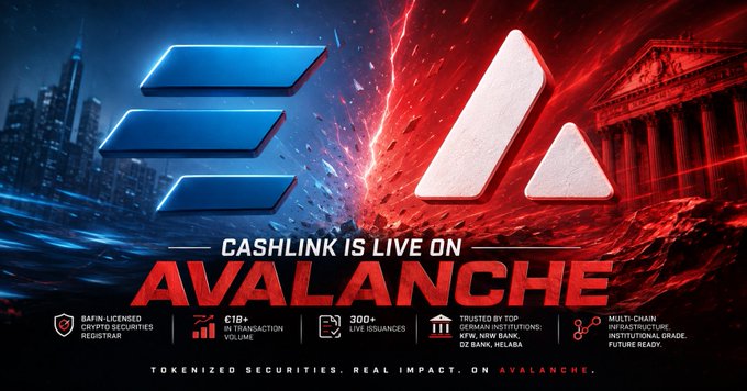 A promotional banner reading 'CASHLINK IS LIVE ON AVALANCHE' featuring Solana and Avalanche logos, advertising tokenized securities with BAFIN licensing, €1B+ volume, and 300+ live issuances.