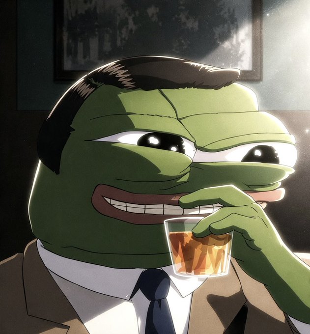 An anime-style illustration of a green Pepe frog character with slicked-back hair wearing a brown suit and tie, holding a glass of whiskey with a confident smirk.