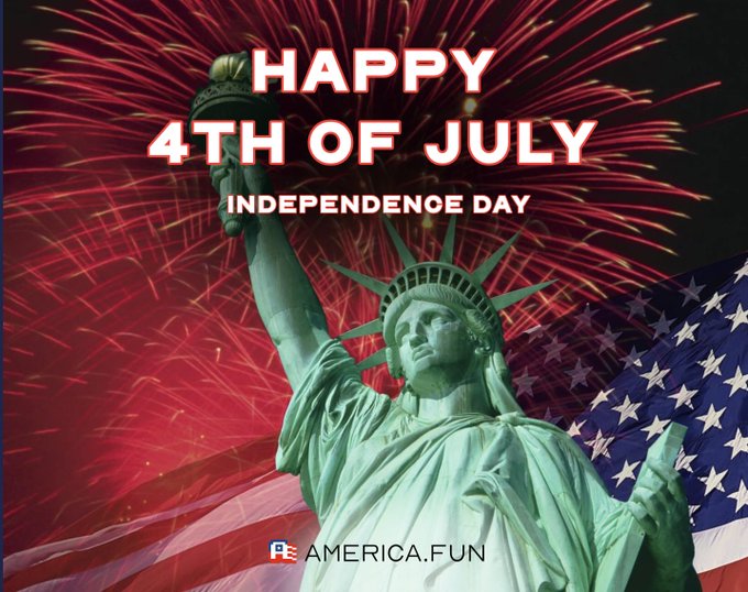 A festive Fourth of July graphic features the Statue of Liberty set against a fireworks-filled sky and an American flag, with bold text reading "HAPPY 4TH OF JULY" and "INDEPENDENCE DAY" (misspelled as "INDEPENDENOE DAY"), branded with the "AMERICA.FUN" logo at the bottom to tie the patriotic imagery to the post's celebration of American independence and the $AOL giveaway announcement.