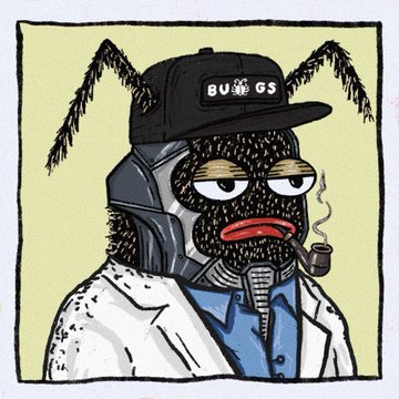 An illustrated character resembling a fly-headed figure wearing a 'BUGGS' cap, a lab coat, and a tie, smoking a pipe.