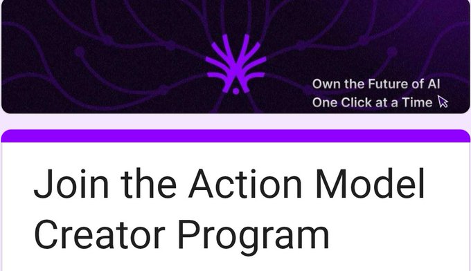 The image features a purple banner with white text that reads "Join the Action Model creator program" and an arrow pointing towards the bottom right corner, suggesting that this is a call to action for users to join the creator community of real creators who are working on building the Action Model Creator Circle together.