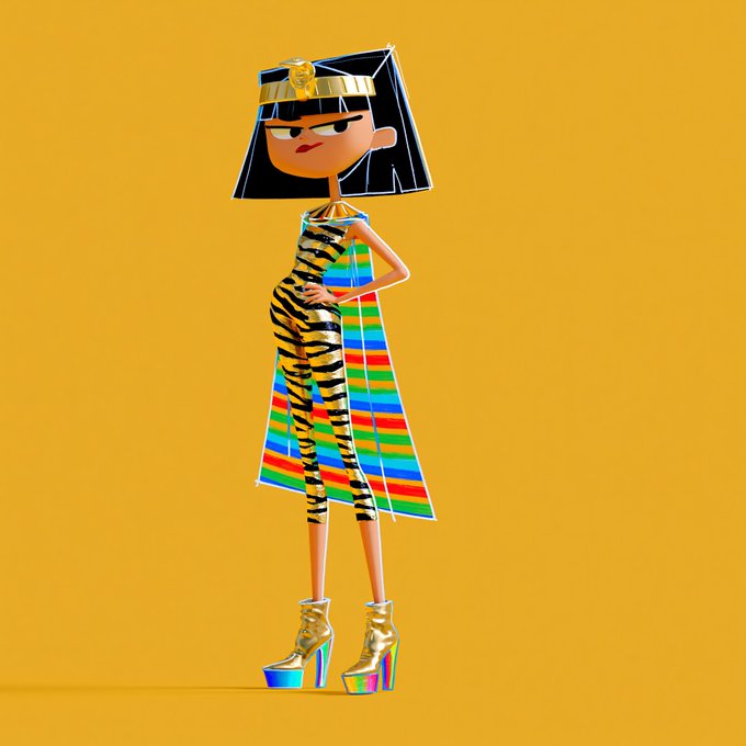 Stylized cartoon illustration of a female character dressed in an Egyptian-inspired outfit with a Cleopatra-style headdress, striped top, colorful striped cape, and rainbow platform heels against a yellow background.