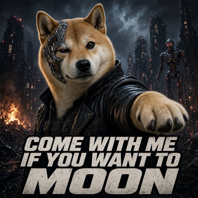 The image shows a Shiba Inu dog with a cybernetic eye, dressed in a leather jacket and pointing forward in a Terminator-style pose against a ruined, dystopian cityscape. Bold text reads "COME WITH ME IF YOU WANT TO MOON," referencing the iconic Terminator line while tying it to the Doge crypto coin ($DOGE) theme.