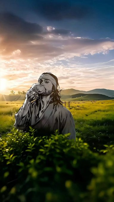 A grayscale sculpted figure of a man with long hair drinking from a bowl, composited into a colorful sunset landscape with rolling hills.
