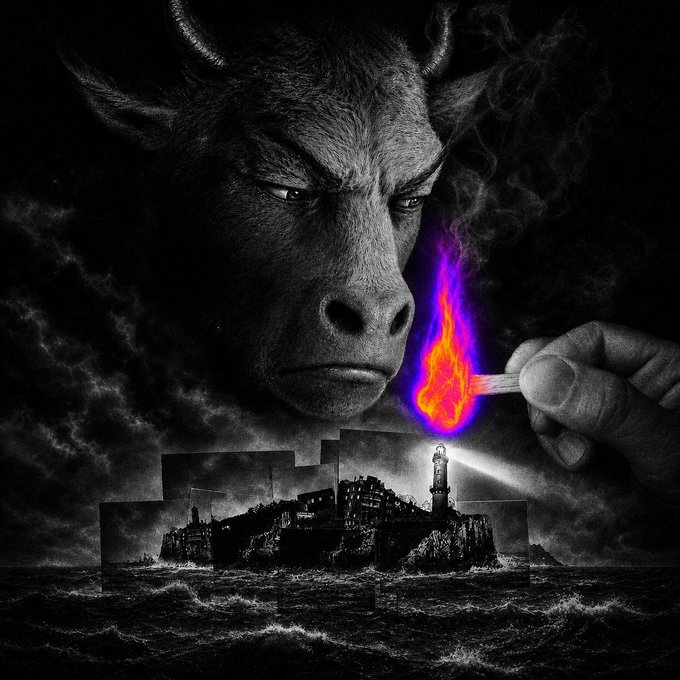 A dark, surreal digital illustration showing a bull-like face in the sky, a lighthouse on a rocky island, and a hand holding a match with a purple and orange flame.