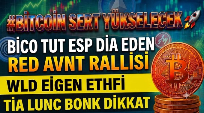 A vibrant Turkish-language crypto thumbnail featuring a golden Bitcoin coin and stock chart background, with bold text reading "#BİTCOİN SERT YÜKSELECEK," "BİCO TUT ESP DİA EDEN," "RED AVNT RALLİSİ," and ticker callouts for WLD, EİGEN, ETHFİ, TİA, LUNC, and BONK—promoting an 18:00 YouTube video covering altcoins like $bico, $esp, $re, $avnt, and $eigen.