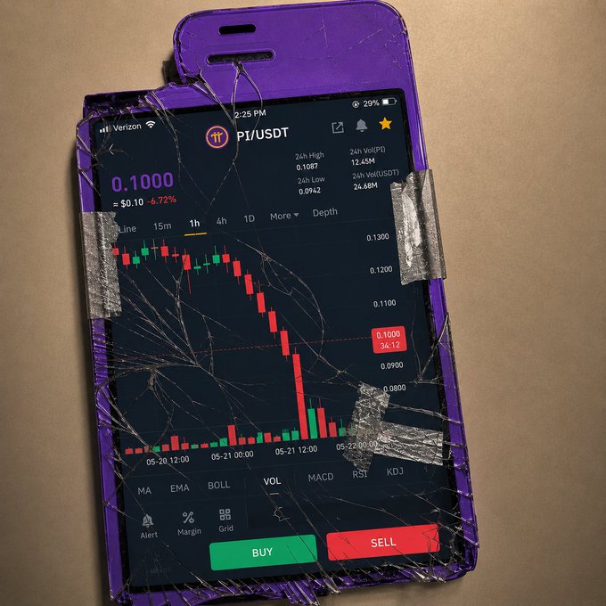 A smartphone with a cracked screen and purple case taped together with duct tape displays a cryptocurrency trading chart for PI/USDT at $0.1000, showing a -6.72% decline. The image reflects the post's theme of Pi Network's long-awaited journey, visually symbolizing the broken promises and frustrations of "Pioneers" who have spent over 2,673 days waiting for the project to deliver on its promises.