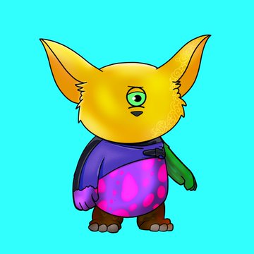 A cartoon orange fennec fox-like character with large ears, a single visible eye, and a purple and pink polka-dotted outfit stands against a bright teal background. The whimsical digital art fits the playful tone of the NFT collection share, visually representing the "mimuonape" character mentioned in the post.