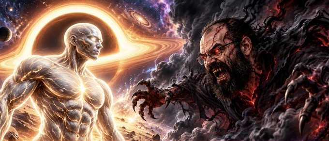 Digital artwork depicting a glowing muscular figure with a black hole/ring behind them on the left facing a dark demonic figure with red glowing eyes and fiery claws emerging from black smoke on the right, set against a cosmic space background.
