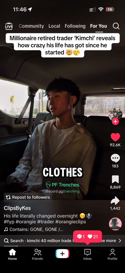 A TikTok video by ClipsByKyes shows "Millionaire retired trader 'Kimchi'" sitting in a car with 92.6K likes, accompanied by text "CLOTHES" and a promo for "PF Trenches" (discord.gg/trenching), while the post highlights Kimchi's viral crypto fame with whales and top wallets aping into $KIMCHI after being noticed during a Faxuty stream.