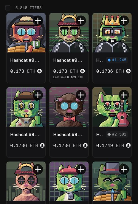 A mobile interface displays a grid of pixel-art 'Hashcat' NFT collectibles with prices listed in ETH (around 0.1736 ETH), showing 5,848 items total.