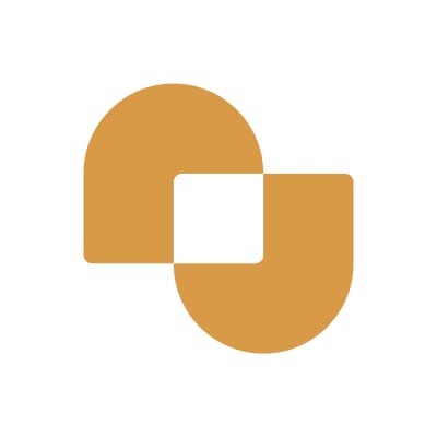 An orange and white minimalist logo composed of two interlocking rounded shapes forming a stylized letter.