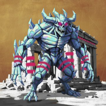 An illustration of a fearsome blue, muscular demon-like creature with horns, sharp claws, and red bindings, standing in a snowy landscape before ancient ruins.