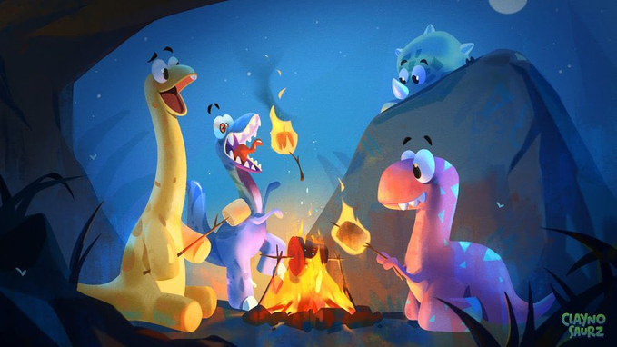 Digital illustration of four cartoon dinosaurs roasting marshmallows around a campfire at night, signed 'CLAYNO SHIRZ' in the bottom right corner.