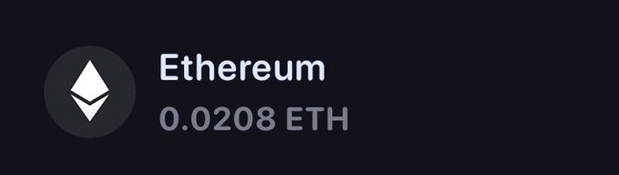 A digital wallet display showing the Ethereum logo, 'Ethereum' name, and balance of '0.0208 ETH'.