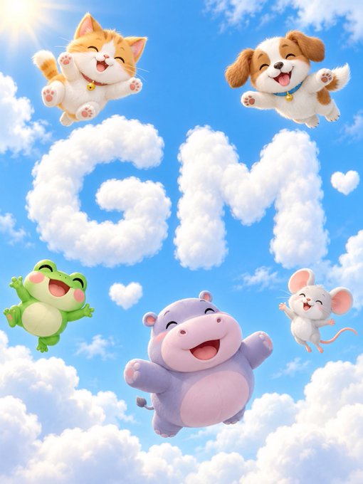 A whimsical illustration showing the letters 'GM' formed by white clouds in a blue sky, surrounded by cute cartoon animals including a cat, dog, frog, hippo, and mouse with smiling faces.