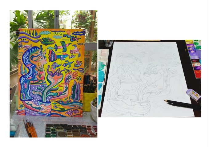 Two images side by side: a completed colorful psychedelic painting of a woman with flowing hair on the left, and its preliminary pencil sketch on paper with watercolor palette visible on the right.