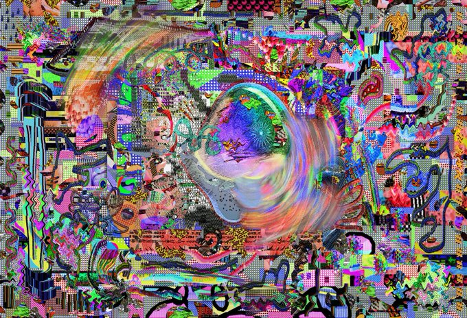 The image features a large, colorful abstract painting with various shapes and patterns. The artwork appears to be a collage of different elements, including lines, dots, and other shapes that create an overall sense of chaos or randomness. The colors used in the painting are vibrant and diverse, adding to its visual appeal. 

The image also contains text related to the post "I have just collected" by @lewiejpd on @objktcom". This text is located at the bottom right corner of the painting, indicating that it might be a part of an art project or collaboration between the artist and the creator of the post. The combination of the chaotic artwork with the relevant text suggests that this piece could potentially be used as a backdrop for social media posts or other digital content related to the @lewiejpd account.