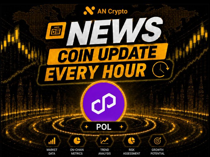 A promotional graphic for 'AN Crypto' featuring 'NEWS COIN UPDATE EVERY HOUR' with the POL (Polygon) cryptocurrency logo, set against a gold and black world map background with market data categories listed at the bottom.
