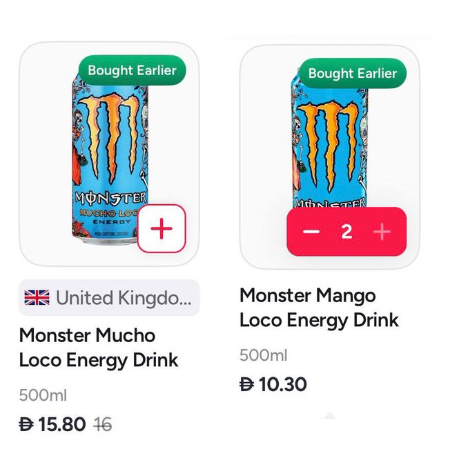 The image shows two Monster energy drink listings on what appears to be a delivery app: Monster Mucho Loco priced at ৳15.80 (UK version) and Monster Mango Loco at ৳10.30, with quantity selectors visible on both items.

The "bullish arbitrage opportunity" joke refers to the price discrepancy—buyers can order the cheaper Mango Loco (৳10.30) instead of the Mucho Loco (৳15.80), pocketing the ৳5.50 difference per can, with the "Bought Earlier" tags suggesting others have already capitalized on this deal.