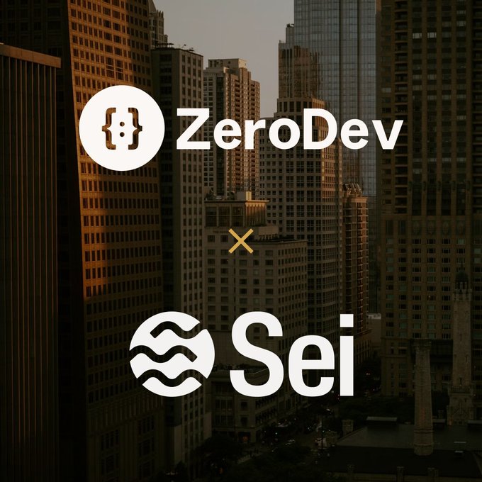 Promotional graphic featuring the ZeroDev and Sei logos with an 'x' between them, set against a backdrop of a city skyline with skyscrapers.