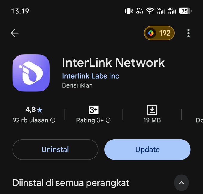 The image shows the Google Play Store page for the "InterLink Network" app by Interlink Labs Inc, displaying a 4.8-star rating from 92K reviews and an "Update" button prompt. This aligns with the post's reminder to update the Interlink app via the Google Play Store or App Store.