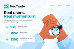 A NeoTrade advertisement banner featuring 'Real users. Real momentum.' with a hand holding a stopwatch and statistics including 10K subscribers, 100K followers, and 130K transaction score.