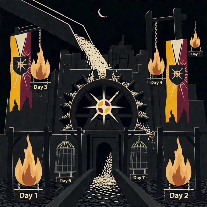 A dark fantasy illustration depicting a fortress or dungeon setting with a central star emblem, flanked by burning braziers labeled 'Day 1' through 'Day 7', cages, and yellow and red banners.