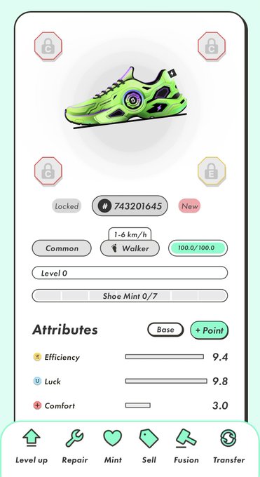 A screenshot of a sneaker NFT display showing a green shoe (#743201645) labeled 'Common', 'Walker' type, with Level 0 status and attributes including Efficiency 9.4, Luck 9.8, and Comfort 3.0.