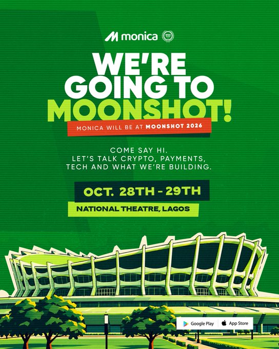 A green promotional graphic announcing "WE'RE GOING TO MOONSHOT!" by Monica, stating the event takes place October 28-29th at the National Theatre, Lagos, featuring the venue illustration and Google Play/App Store logos.