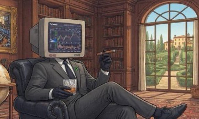 An illustration of a figure wearing a suit and black gloves with a CRT computer monitor for a head displaying stock charts, sitting in a leather chair holding a cigar and a glass of whiskey in a study overlooking a garden.