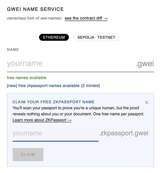 Screenshot of the GWEI NAME SERVICE website, an ownerless fork of wei-names supporting Ethereum and Sepolia Testnet, allowing users to claim free .gwei names or free zkpassport.gwei names by scanning a passport.