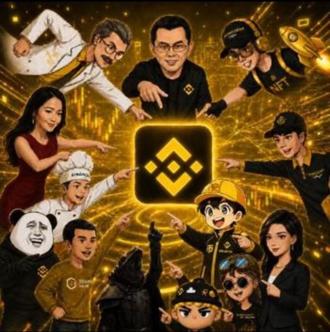 A promotional collage featuring various illustrated characters pointing toward a central Binance logo against a golden background, celebrating the exchange's community.