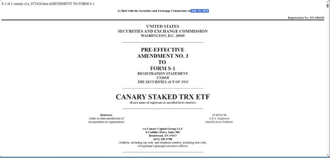 A SEC filing document titled 'PRE-EFFECTIVE AMENDMENT NO. 3 TO FORM S-1 REGISTRATION STATEMENT' for the 'CANARY STAKED TRX ETF' filed by c/o Canary Capital Group LLC.