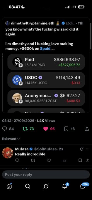 A screenshot of an X (Twitter) post from 'dimethyltryptamine.eth' discussing cryptocurrency gains including over $527,000 on $Spaid, with $USDC and $ZCAT also shown, dated 27/09/2026.