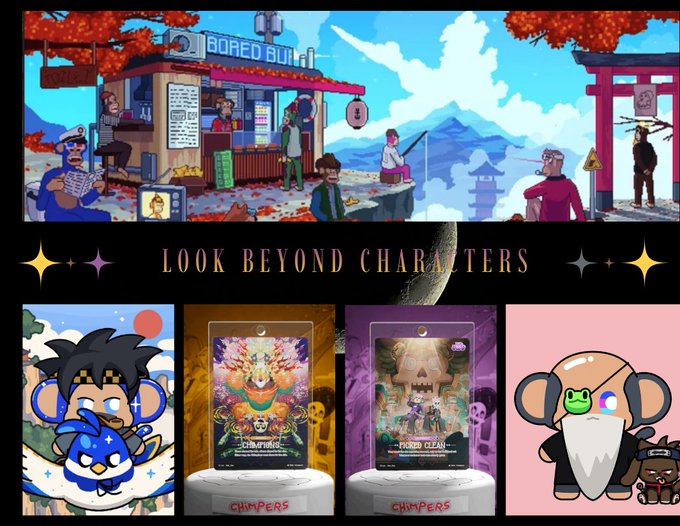 A pixel-art style digital illustration titled 'LOOK BEYOND CHARACTERS' showing a Japanese-inspired street scene with a 'BORED BUN' ramen shop, alongside chibi character art and holographic trading cards.