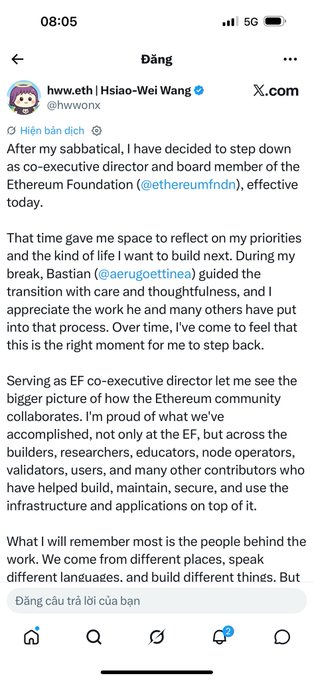The image shows a screenshot of an Twitter post featuring a person named Wang chính thức rờiEF Cô là một trong những người góp phân xây dựng Beacon Chain, mảnh ghép quan trung cái. The post is a tweet written in English that talks about the work of the Foundation. It also contains some text or a piece of information related to the name Wang Chính thức rờiEF Cô là một trong những người góp phân xây dựng Beacon Chain.