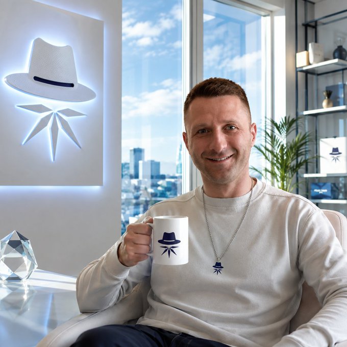 A man in a cream sweater sits in a modern high-rise office smiling while holding a white mug featuring a blue fedora and star logo, matching the large illuminated logo on the wall behind him.