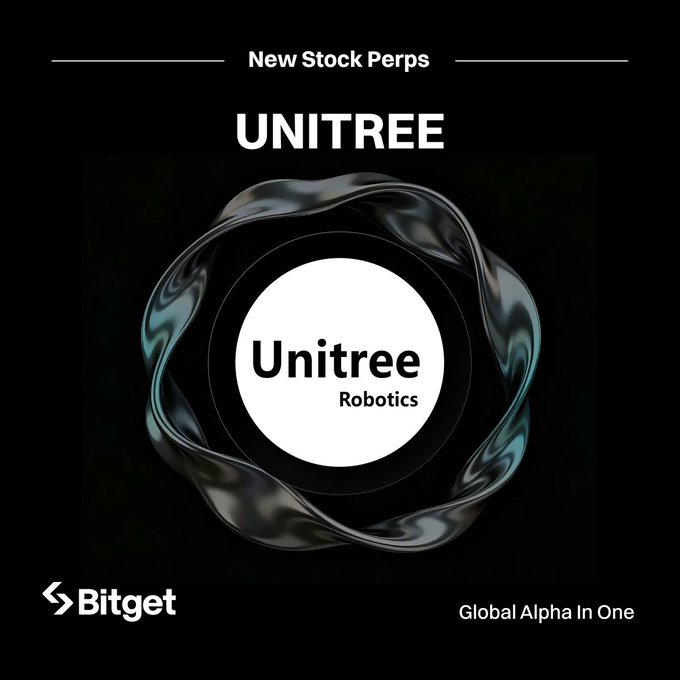 A Bitget promotional graphic announces new stock perpetuals, featuring the Unitree Robotics logo centered within an abstract metallic swirl design, with the text "New Stock Perps" and "UNITREE" displayed prominently at the top and "Global Alpha In One" in the bottom corner.