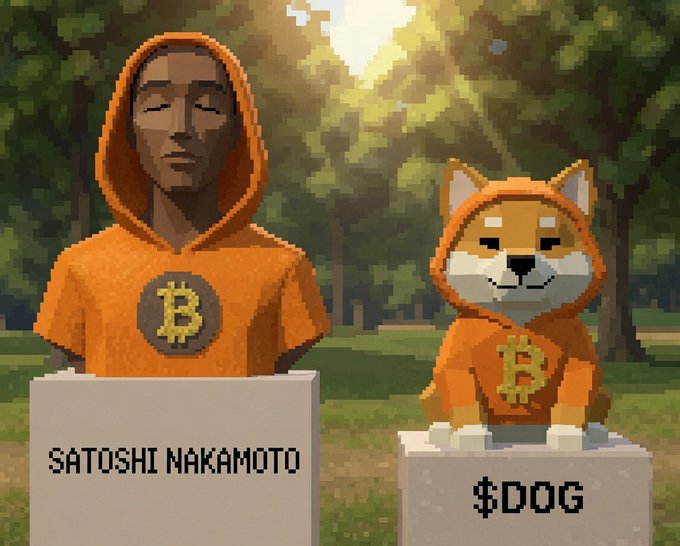 A pixel art image shows a hooded figure labeled "SATOSHI NAKAMOTO" wearing a Bitcoin shirt next to a Shiba Inu dog labeled "$DOG" in matching Bitcoin attire, visually pairing Bitcoin with its meme-inspired counterpart as referenced in the post "Bitcoin and its $DOG."