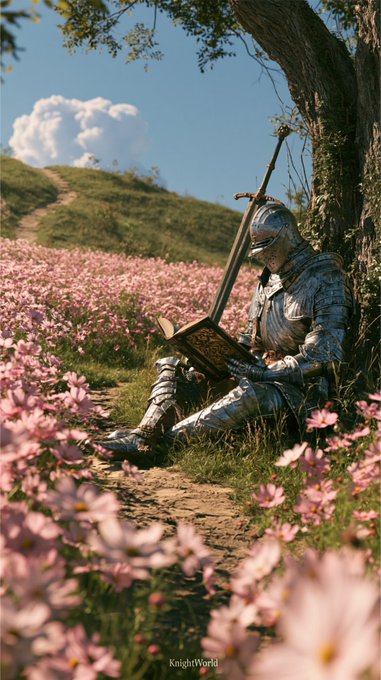 A knight in shining armor sits against a tree in a field of pink flowers, reading a book with a sword resting beside him; the watermark "KnightWorld" appears at the bottom.
