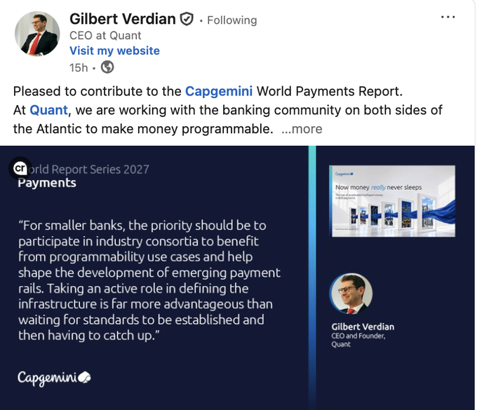 LinkedIn post by Gilbert Verdian, CEO at Quant, announcing his contribution to the Capgemini World Payments Report 2027, featuring a quote about smaller banks participating in industry consortia for payment rails.