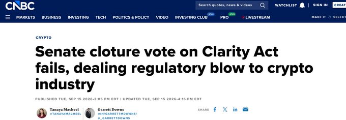 A CNBC news article headline reads: 'Senate cloture vote on Clarity Act fails, dealing regulatory blow to crypto industry,' published Tuesday, September 15, 2026.