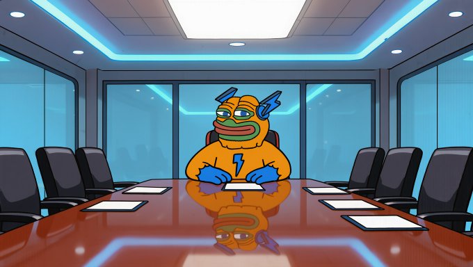 A cartoon frog mascot wearing a superhero costume and mask sits at the head of a sleek corporate boardroom table, striking a confident superhero pose. The image visually represents "$HYPER has entered the building," playfully positioning the $HYPER token as a powerful, larger-than-life presence ready to take charge at bitcoinhyper.com.