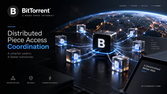 BitTorrent promotional image highlighting 'Distributed Piece Access Coordination' with the tagline 'A smarter swarm. A faster tomorrow,' emphasizing decentralized, reliable, and higher efficiency features at BitTorrent.com.