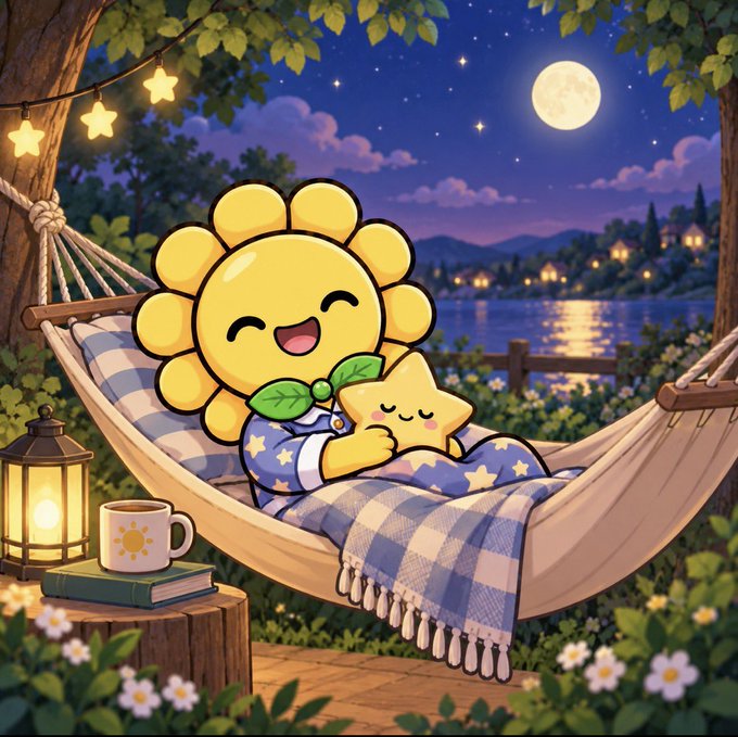 A cute illustration of a smiling sunflower character wearing star-patterned pajamas, holding a small star while relaxing by a lake at night with a full moon overhead.