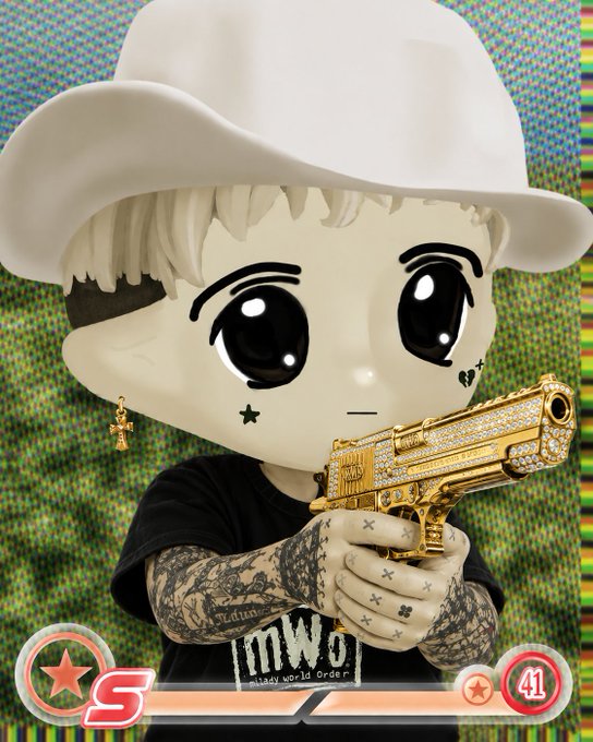 A stylized cartoon character with a large white cowboy hat, star face tattoos, and a cross earring holds an ornate gold pistol, with hands covered in lace-pattern tattoos and small symbols. Text on the shirt reads "milady world order" and "i.eland," with the number "41" displayed in the bottom right, reinforcing the Milady NFT collection reference.
