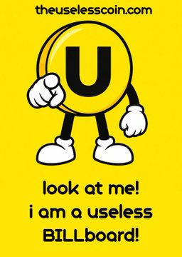 A yellow advertisement for 'theuselesscoin.com' featuring a cartoon coin character with arms and legs, with text reading 'look at me! i am a useless BILLboard!'.